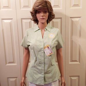 RIDERS BY LEE GREEN/WHITE PINSTRIPE SHORT SLEEVE BUTTON DOWN BLOUSE SIZE S NWT